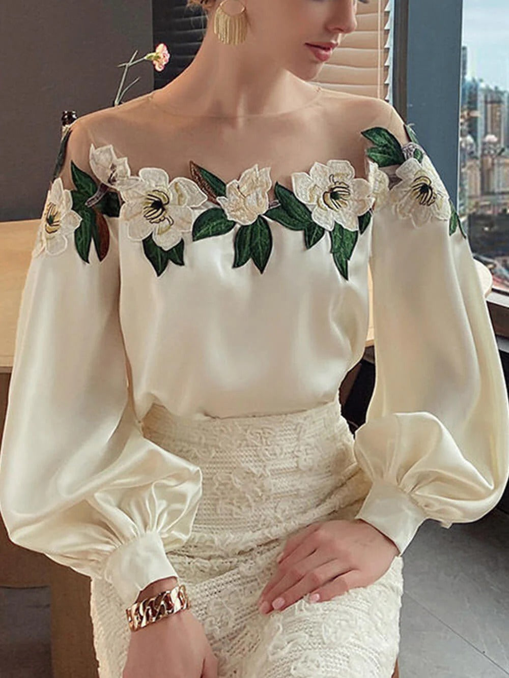 Floral Embroidery Sheer Neck Blouse