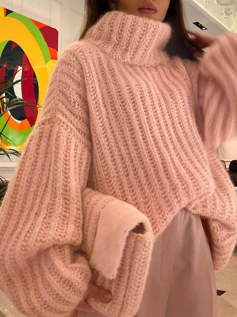 Soft Pink Chunky Turtleneck Sweater