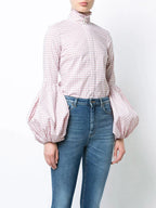 Gingham Puff Sleeve High Neck Top