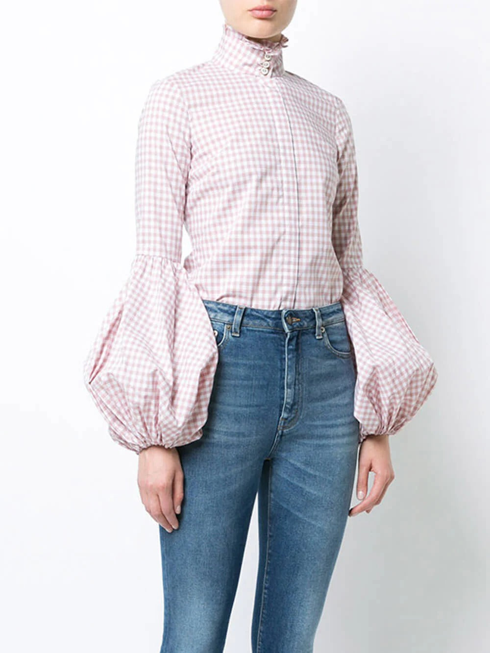 Gingham Puff Sleeve High Neck Top
