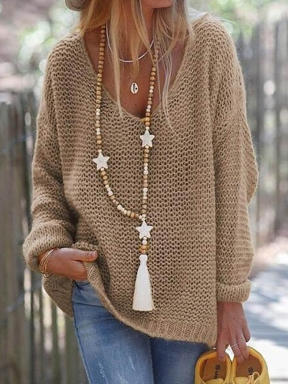 Boho Loose Knit V-Neck Sweater