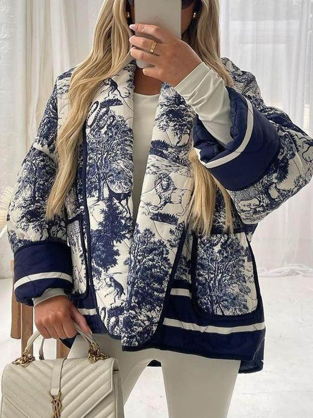 Vintage Toile Print Quilted Cardigan