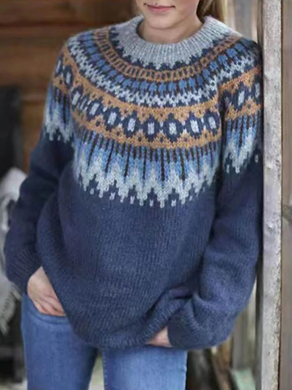 Nordic Pattern Knit Crewneck Sweater