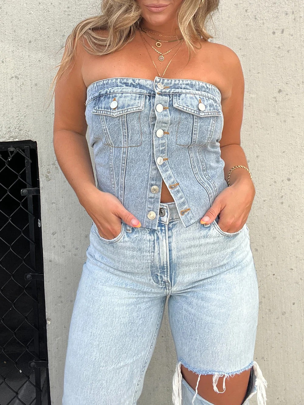 Denim Strapless Button-Up Top