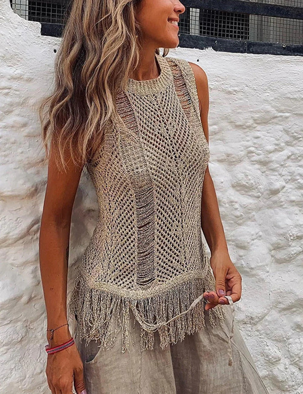 Sleeveless Knit Boho Sweater Top