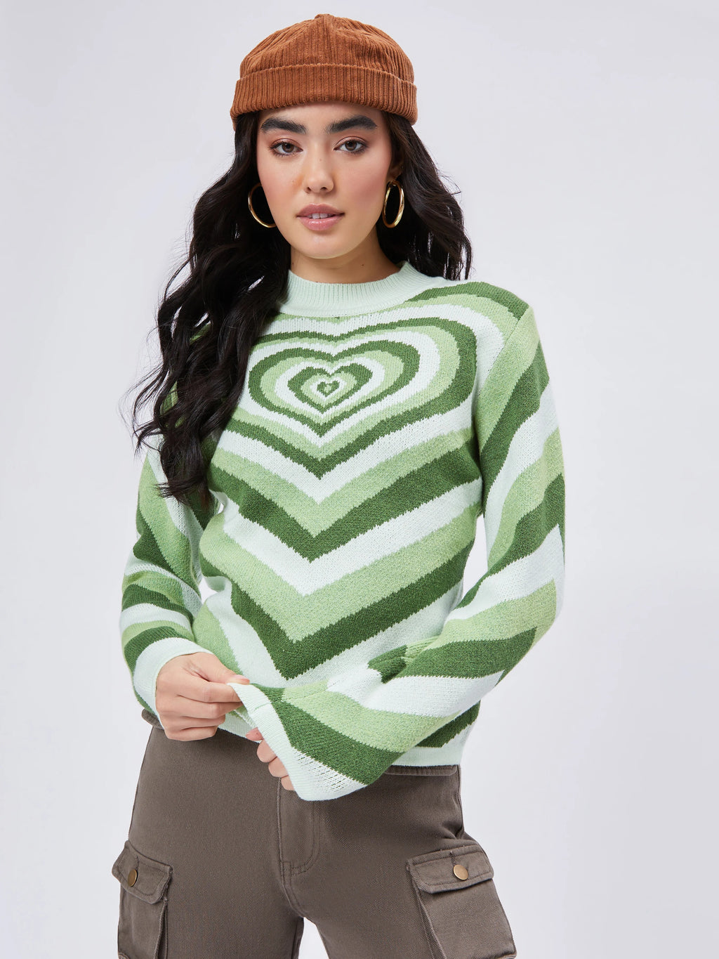 Green Heart Pattern Knit Sweater