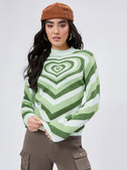 Green Heart Pattern Knit Sweater