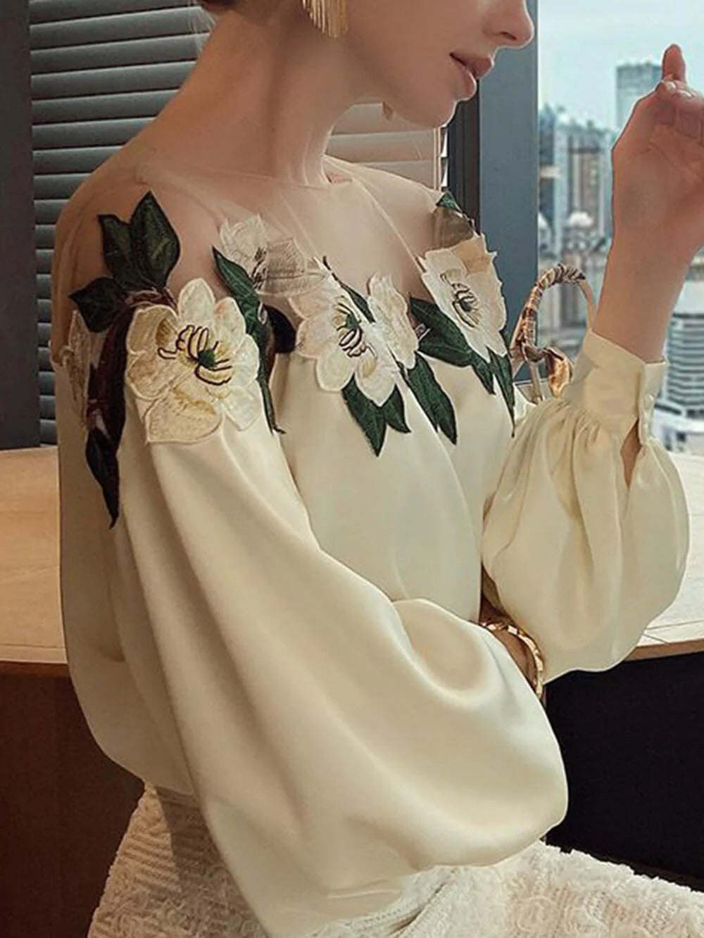 Floral Embroidery Sheer Neck Blouse