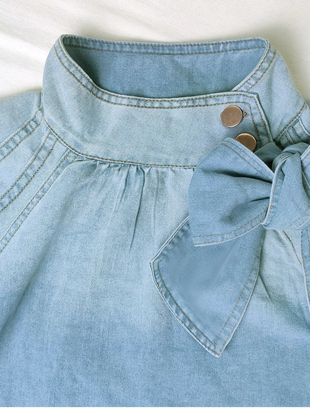 Denim Bow Puff Sleeve Top