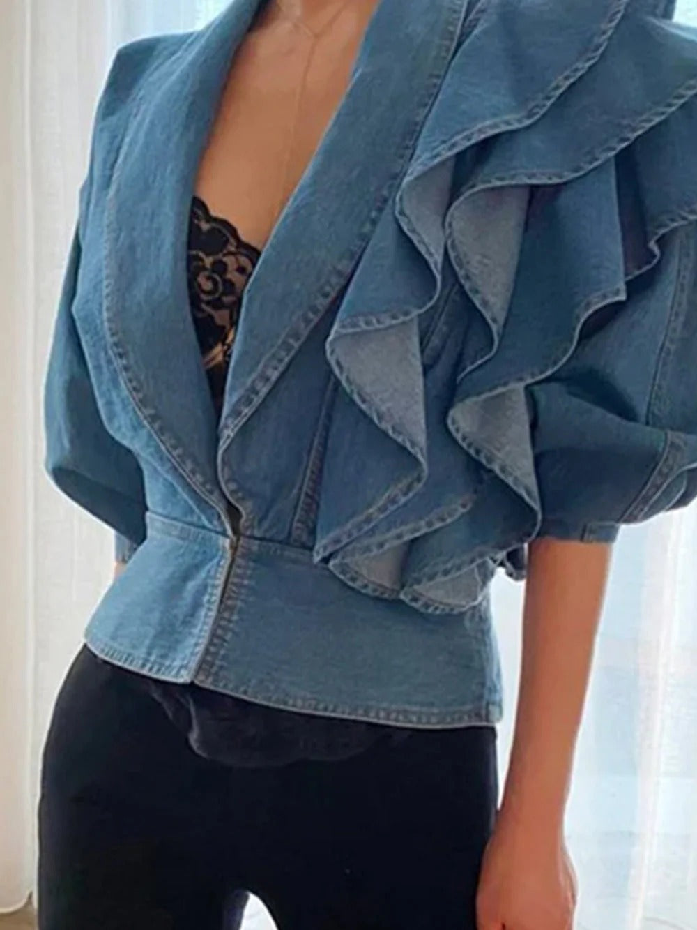 Ruffled Denim Wrap Top