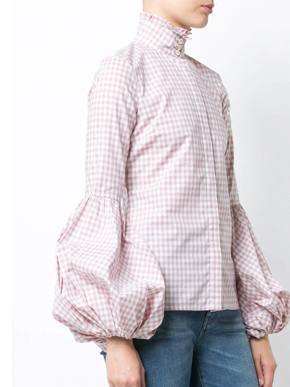 Gingham Puff Sleeve High Neck Top