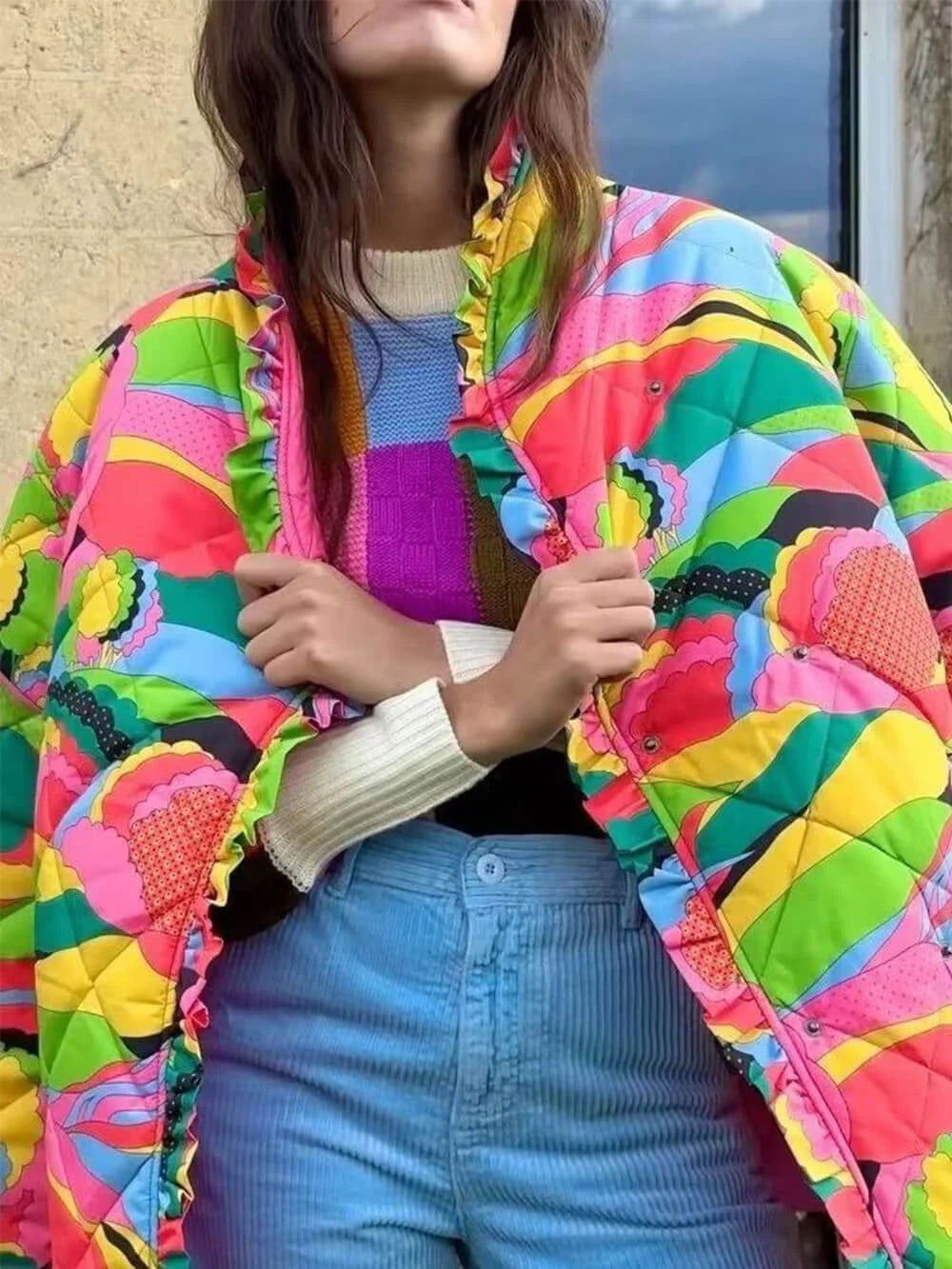 Rainbow Print Quilted Cardigan