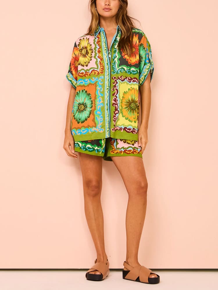 Golden Bloom Resort Shorts Set