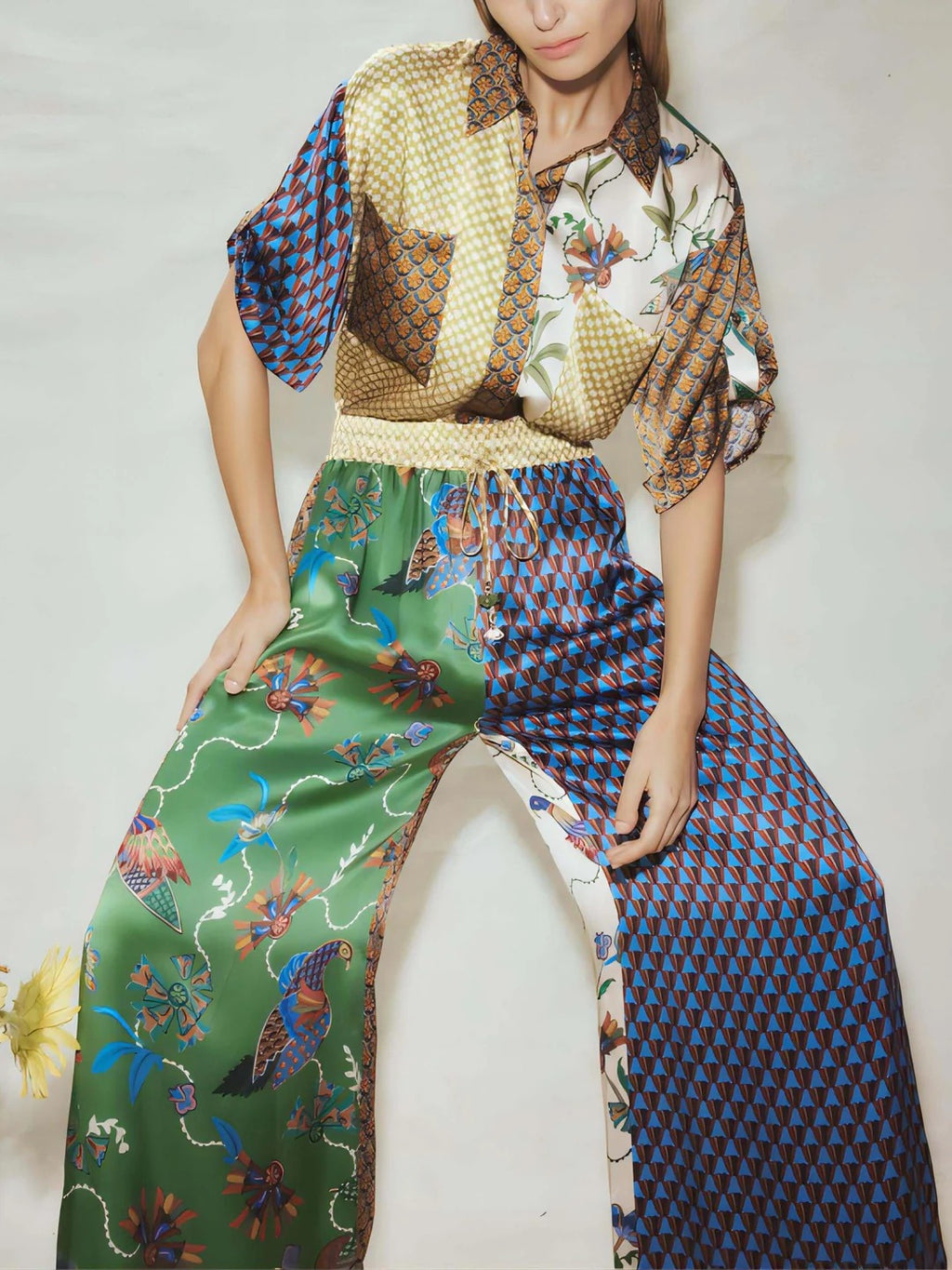 Women’s Luxe Mixed Print Wide-Leg Pants Set