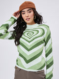 Green Heart Pattern Knit Sweater
