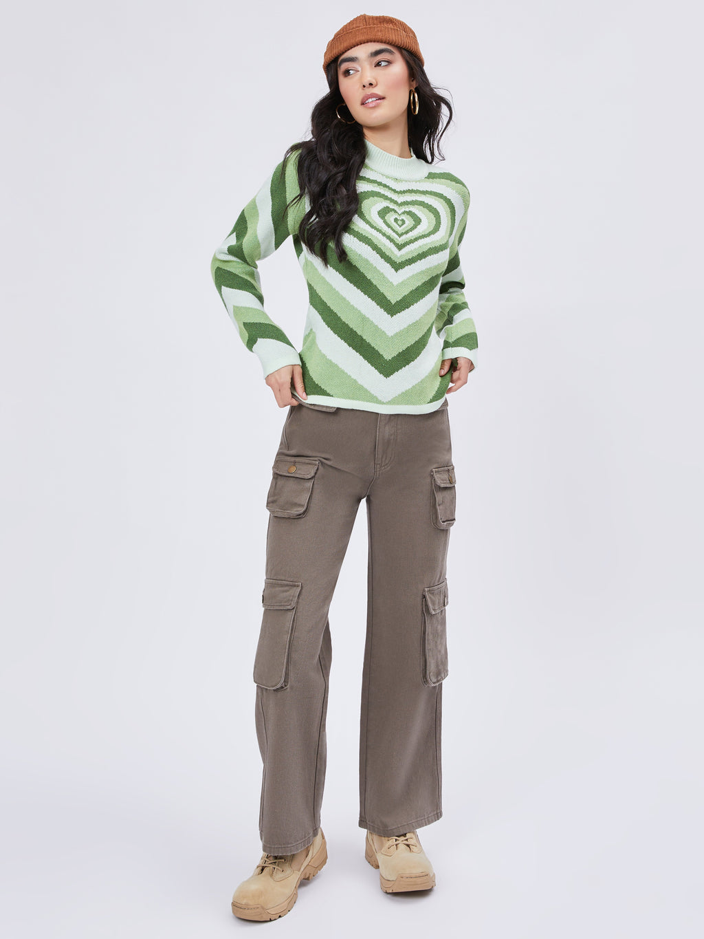 Green Heart Pattern Knit Sweater