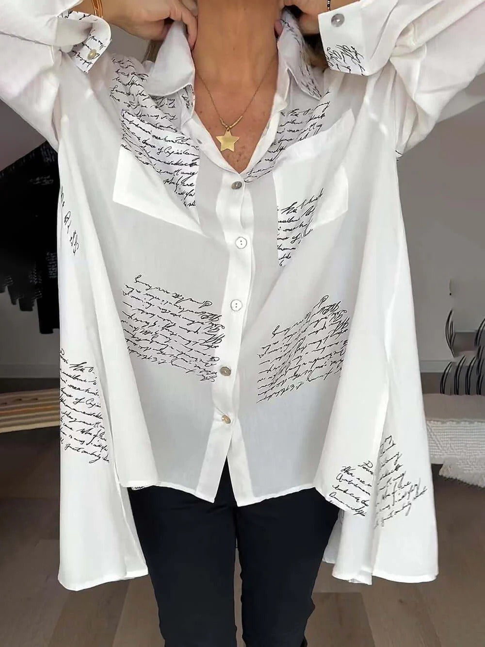 Black Script Print Relaxed Blouse