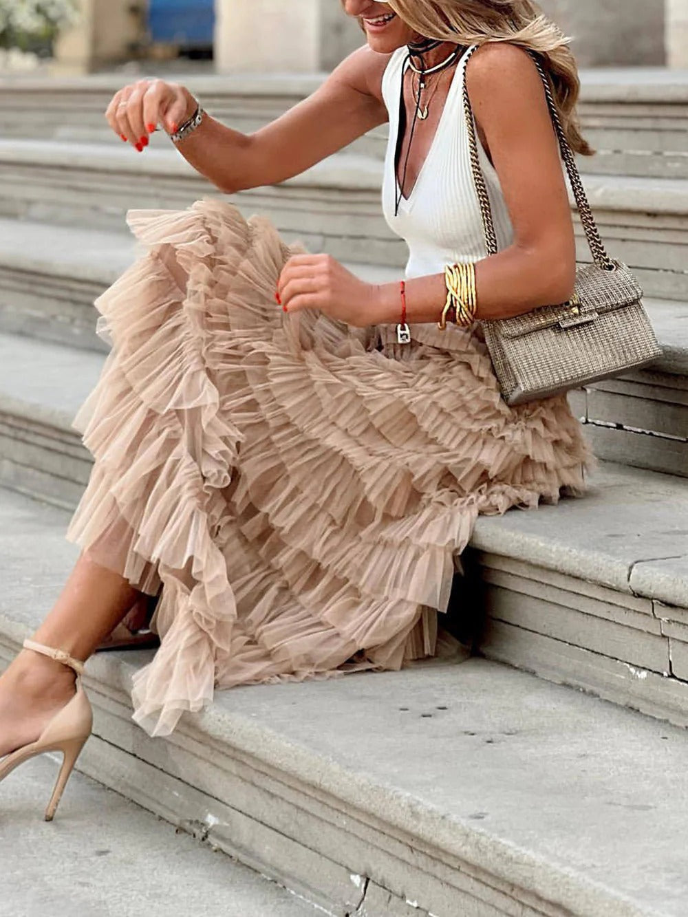Champagne Ruffle Maxi Skirt