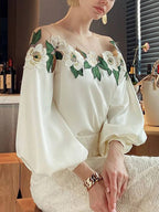 Floral Embroidery Sheer Neck Blouse