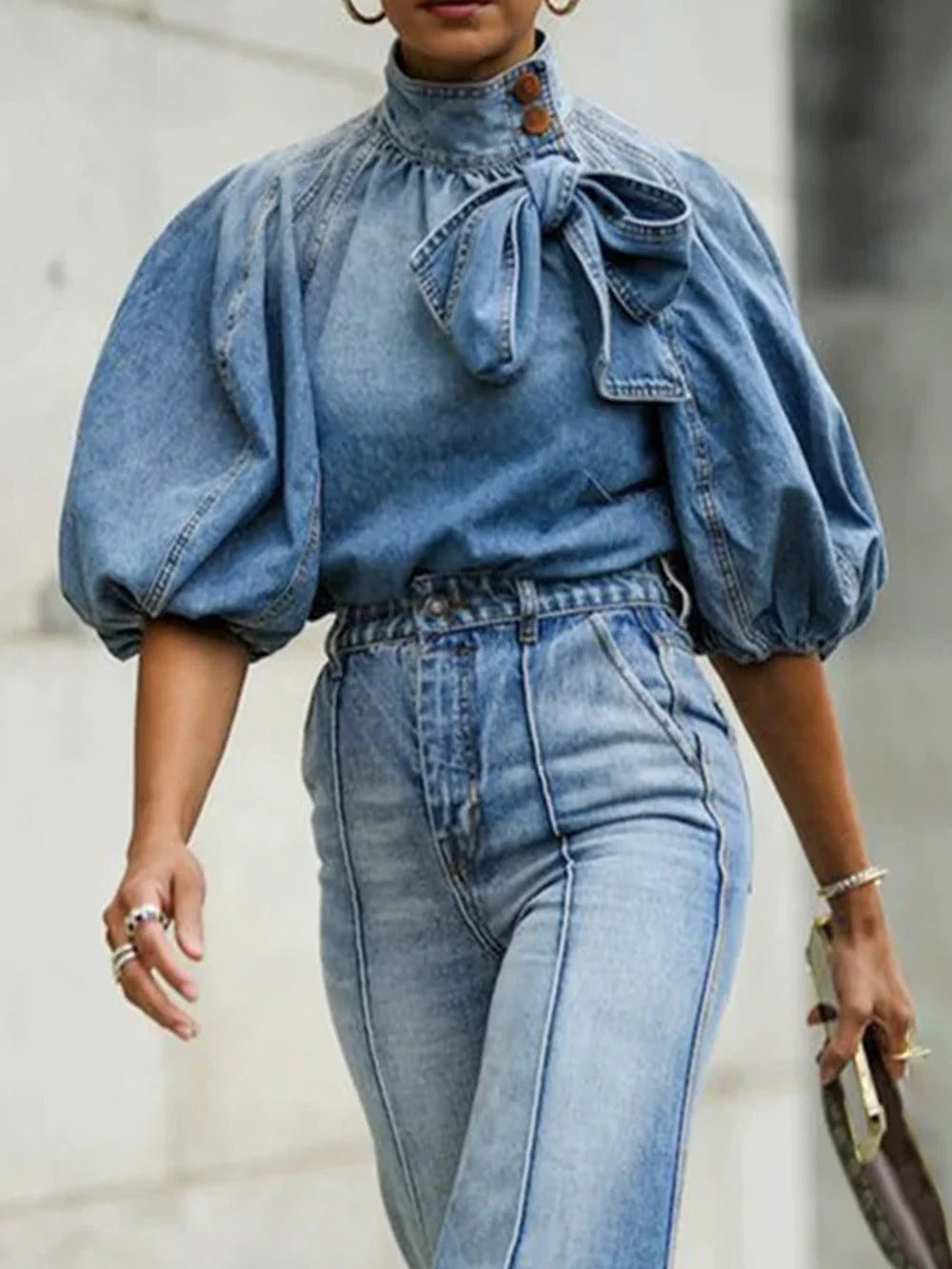 Denim Bow Puff Sleeve Top