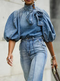 Denim Bow Puff Sleeve Top