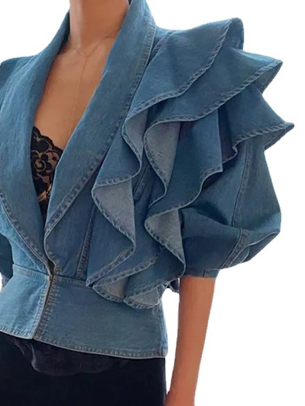 Ruffled Denim Wrap Top