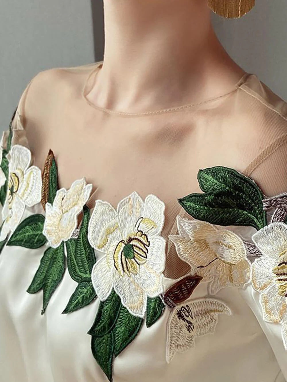 Floral Embroidery Sheer Neck Blouse