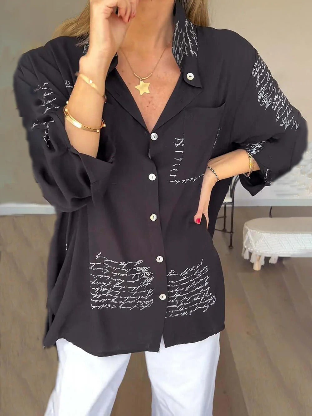 Black Script Print Relaxed Blouse
