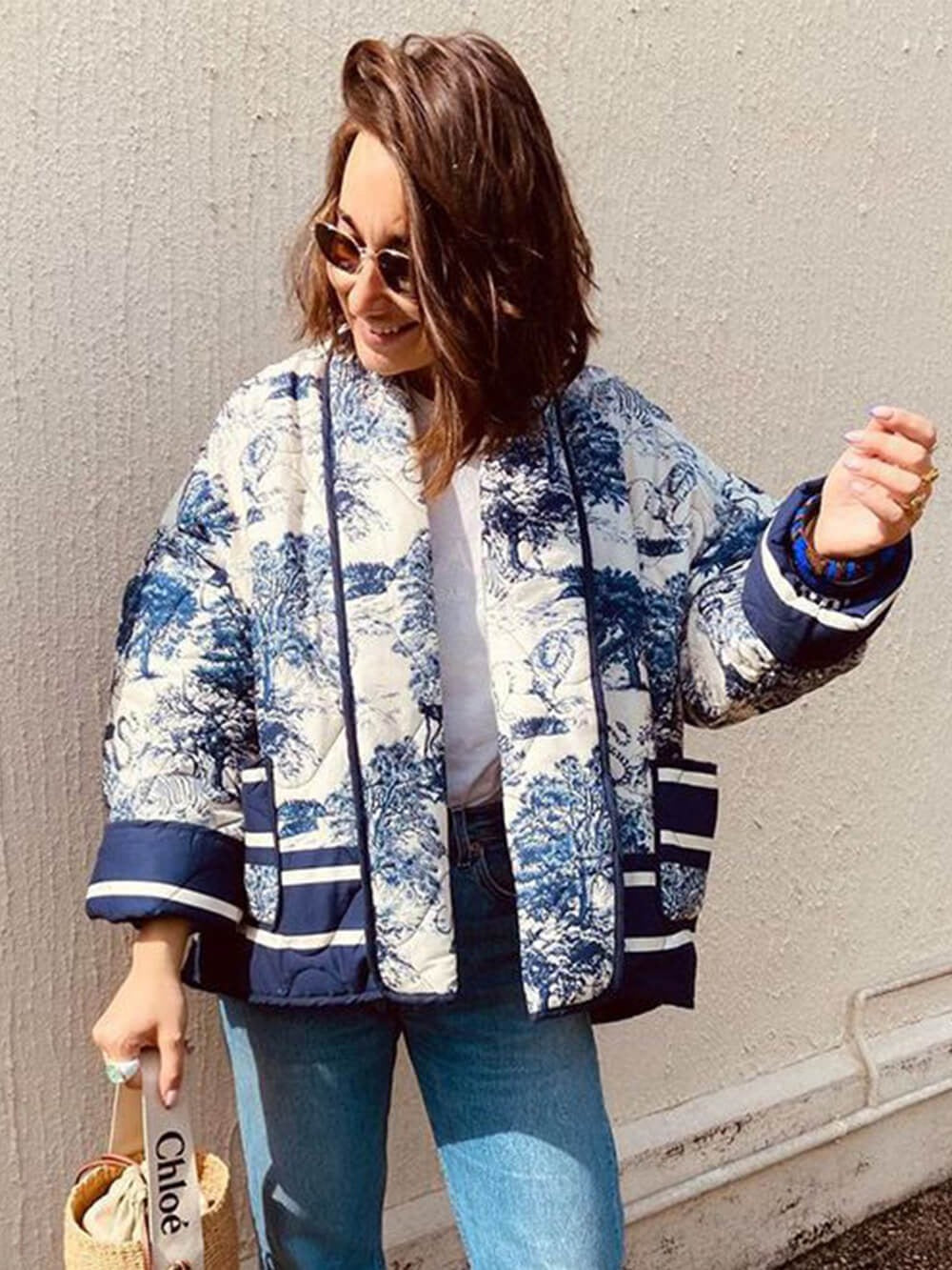 Vintage Toile Print Quilted Cardigan