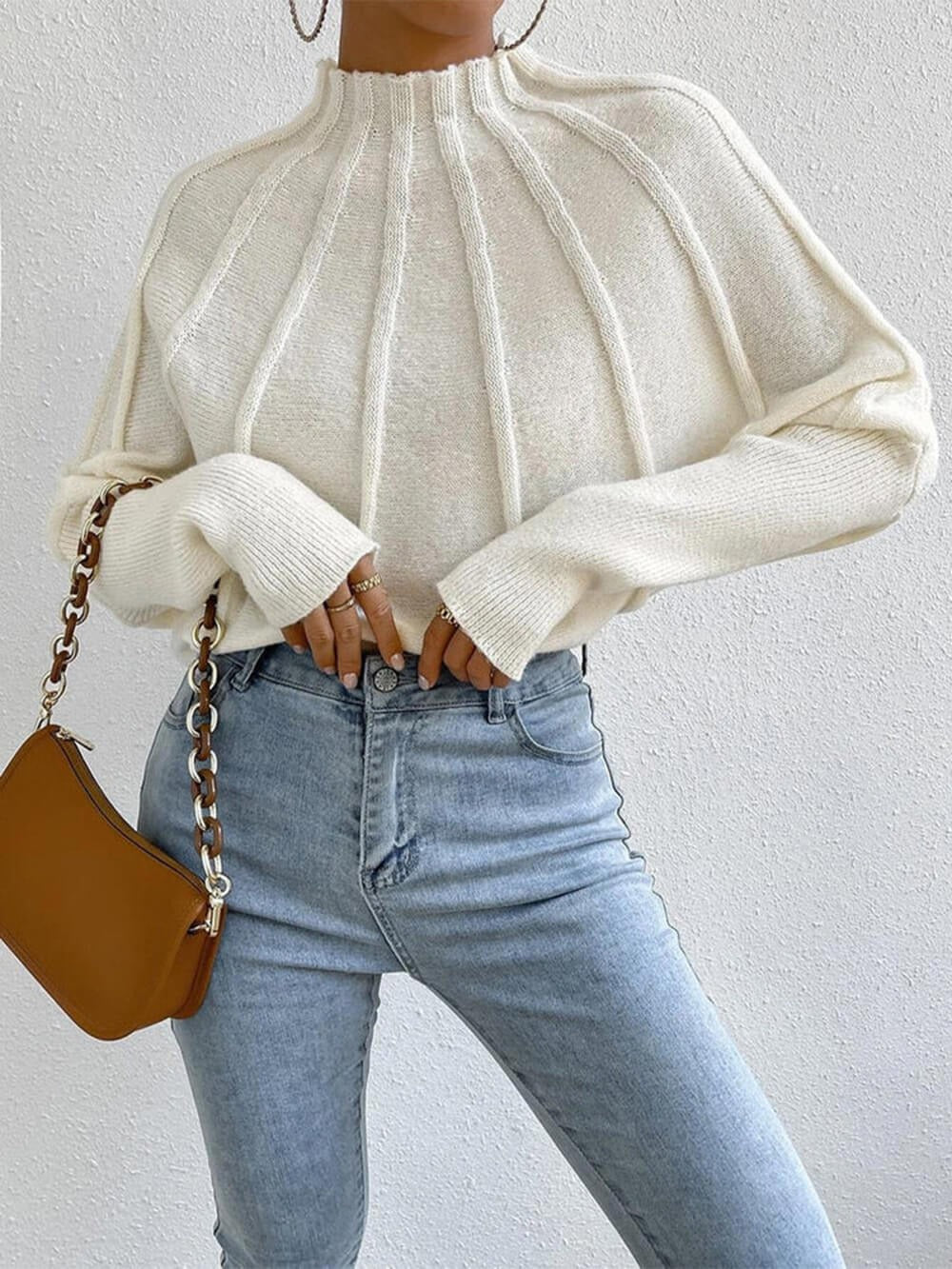 Ribbed High Neck Knit Sweater