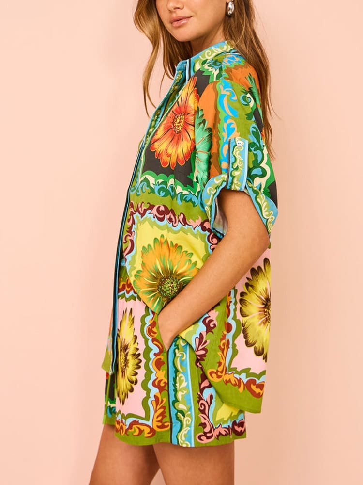 Golden Bloom Resort Shorts Set