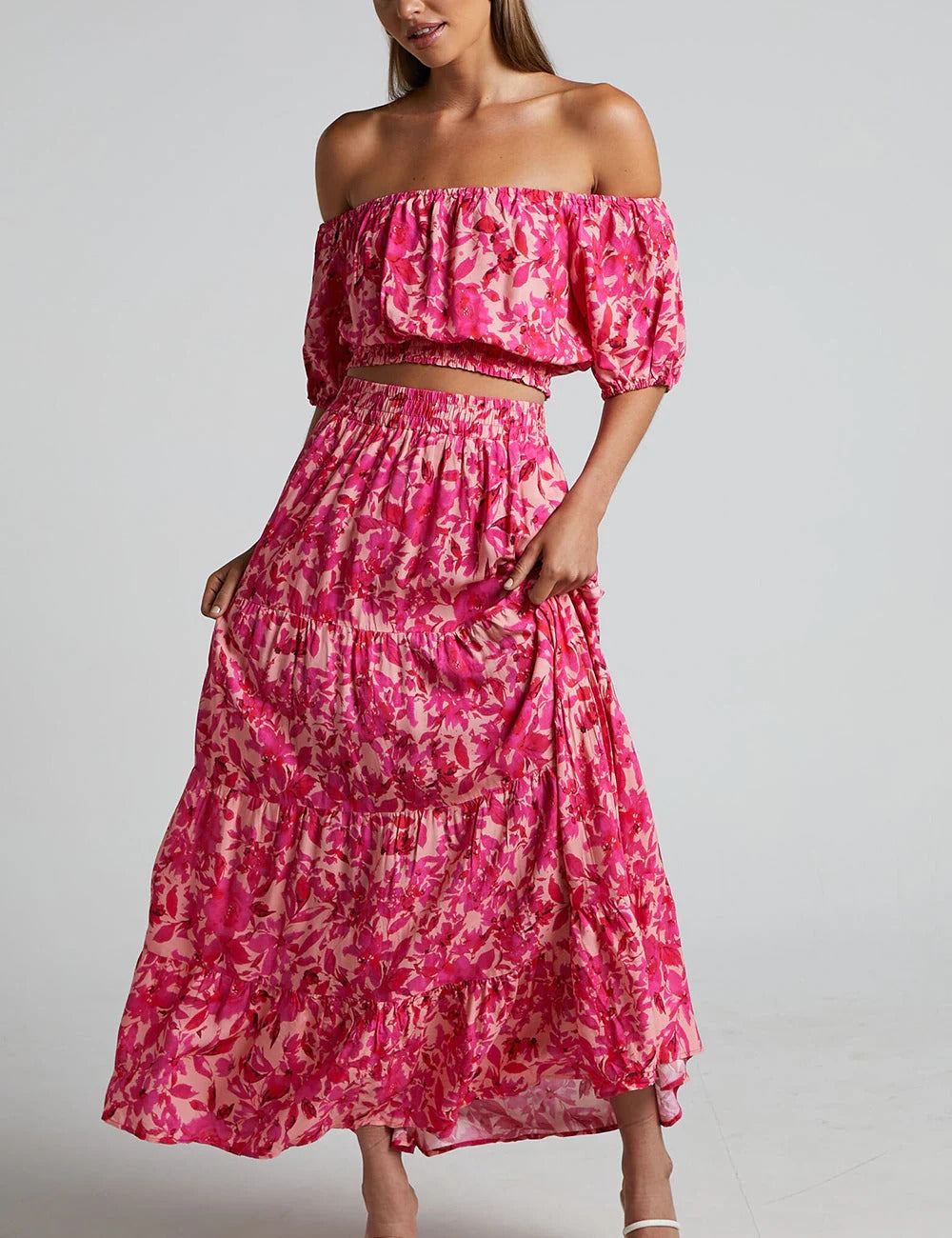 Pink Floral Off-Shoulder Crop Top