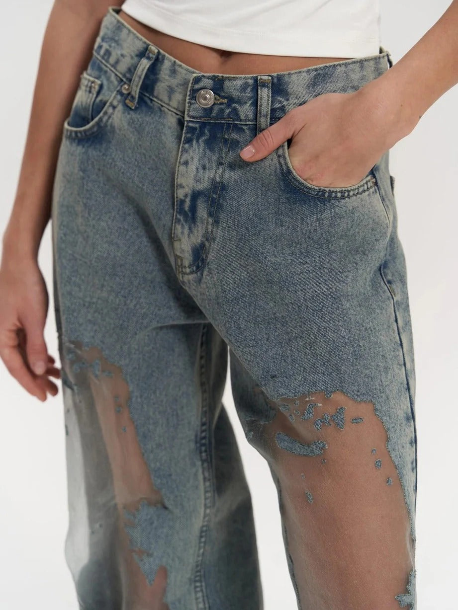 Women’s Sheer Distressed Wide-Leg Jeans
