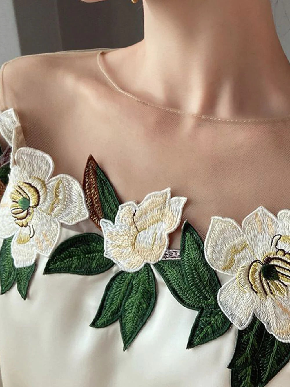 Floral Embroidery Sheer Neck Blouse