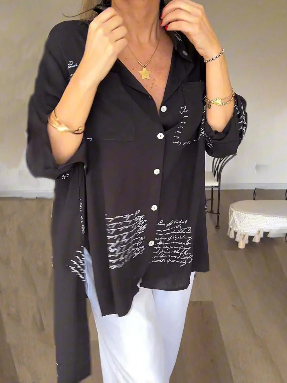 Black Script Print Relaxed Blouse