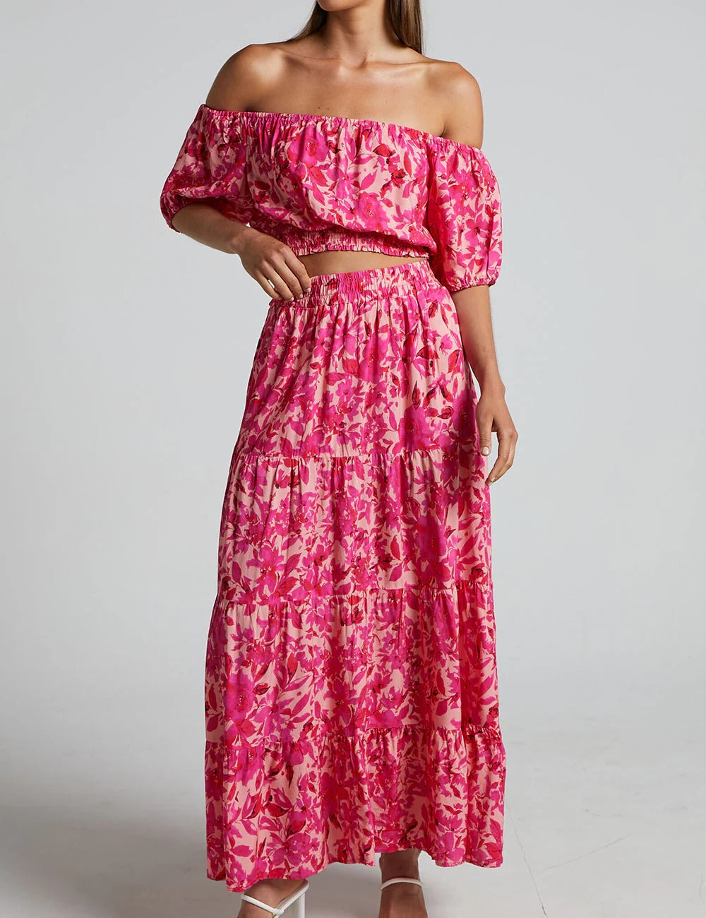 Pink Floral Off-Shoulder Crop Top
