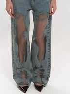 Women’s Sheer Distressed Wide-Leg Jeans