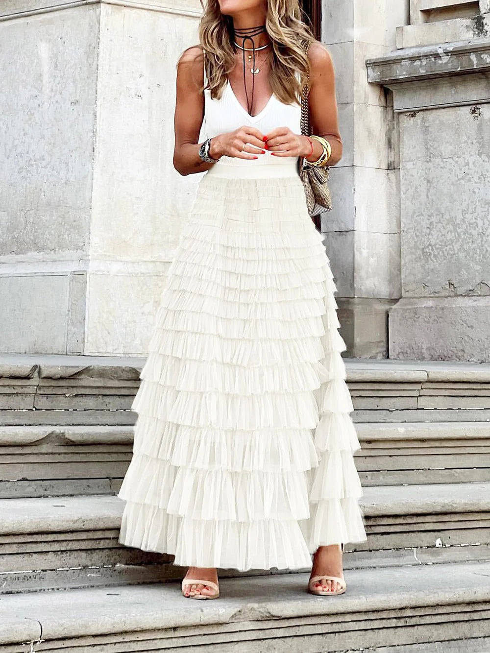 Champagne Ruffle Maxi Skirt