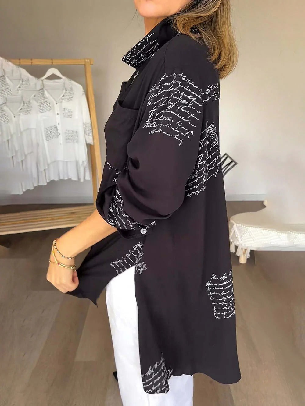 Black Script Print Relaxed Blouse