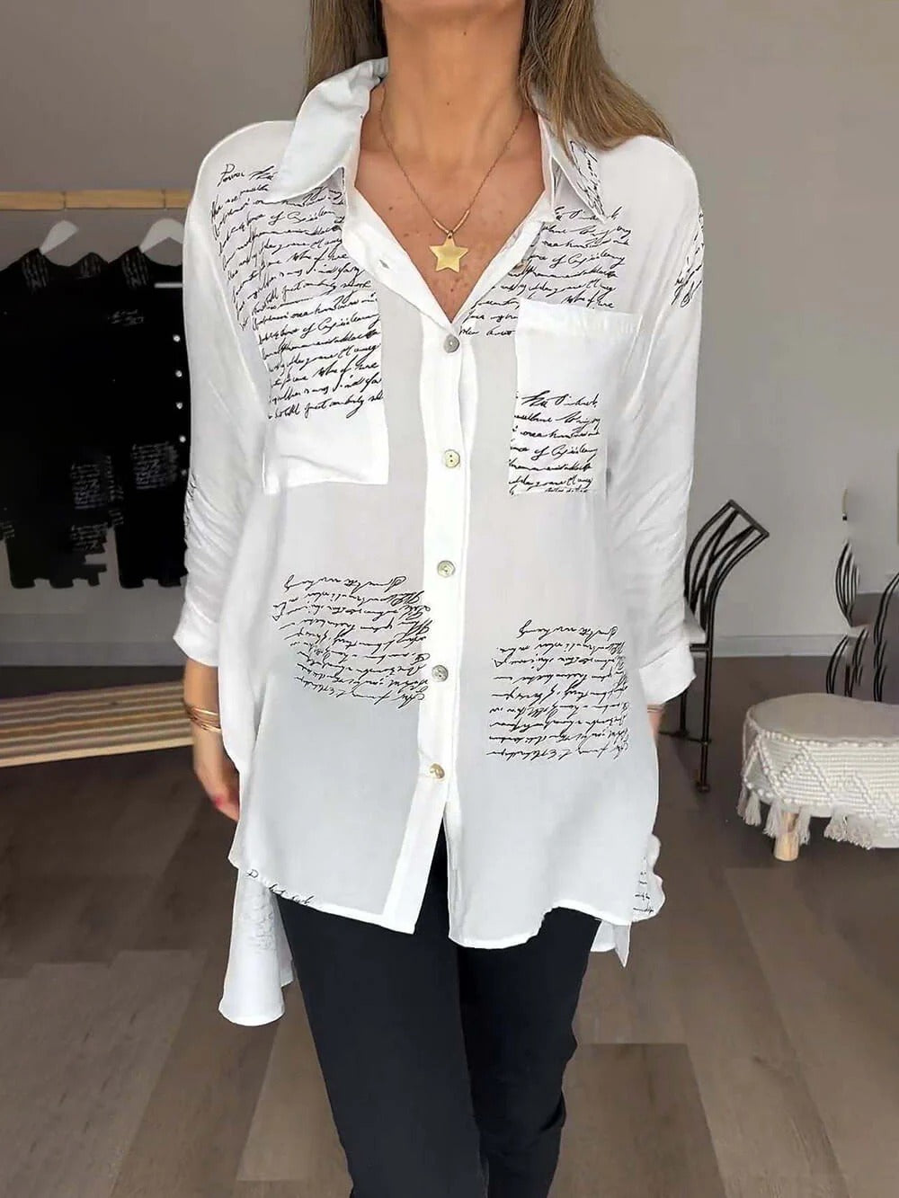 Black Script Print Relaxed Blouse