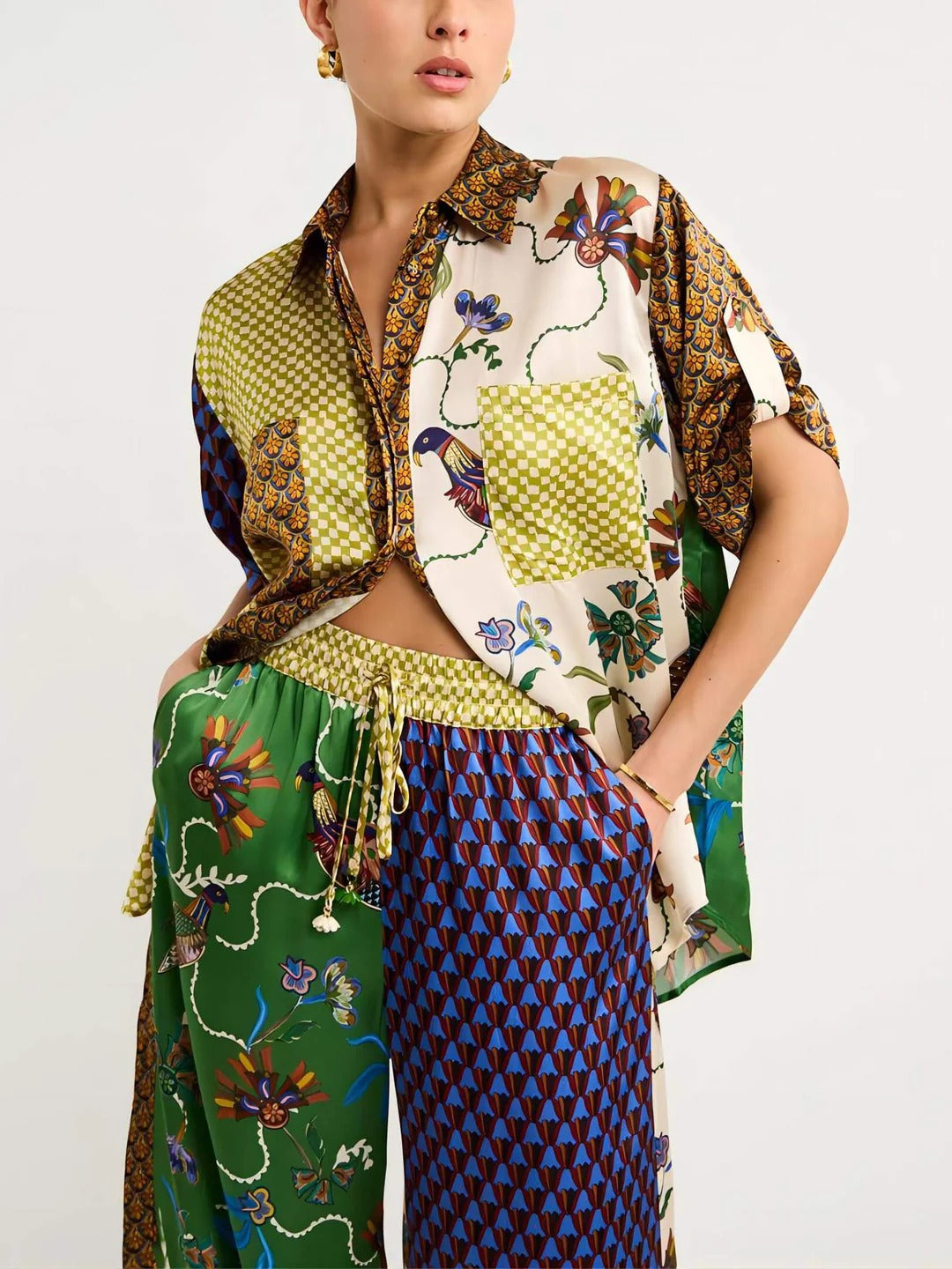 Women’s Luxe Mixed Print Wide-Leg Pants Set