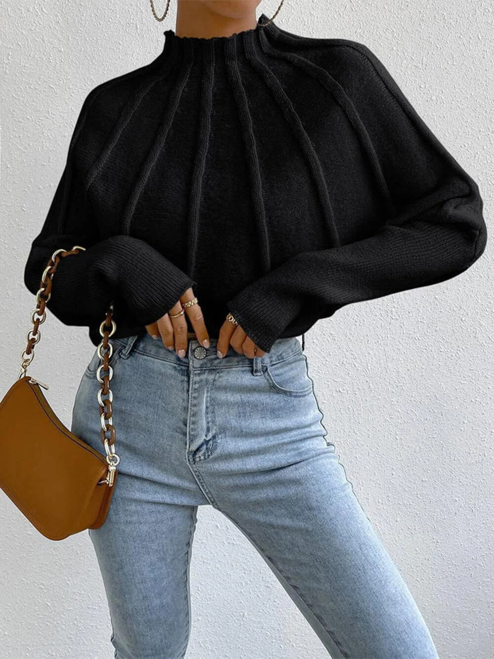 Ribbed High Neck Knit Sweater