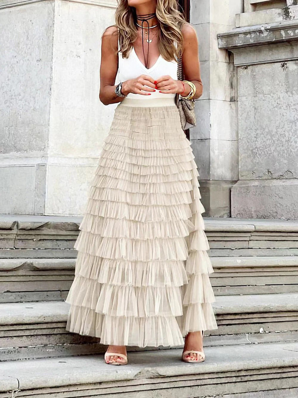 Champagne Ruffle Maxi Skirt