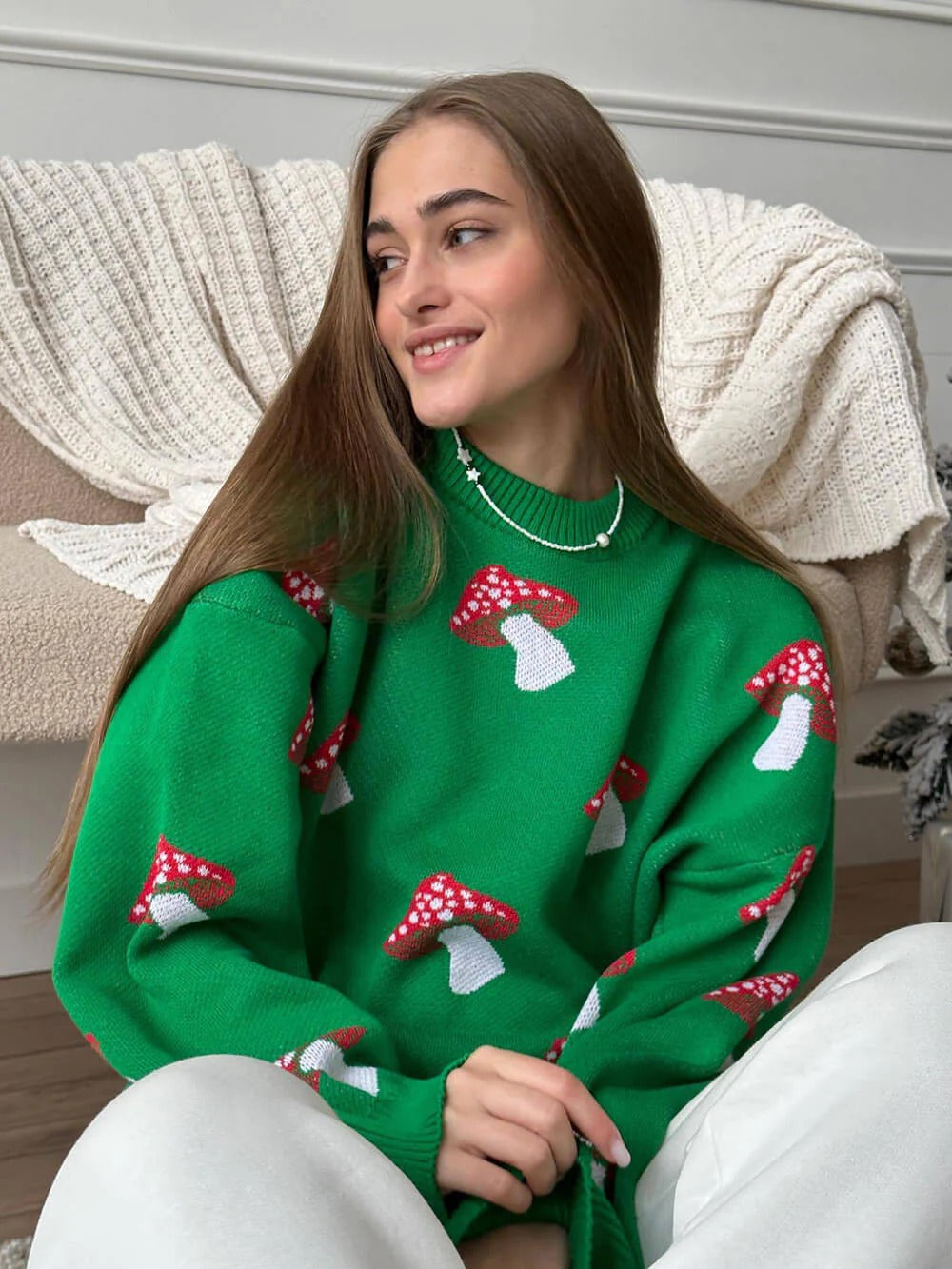 Mushroom Print Knit Sweater