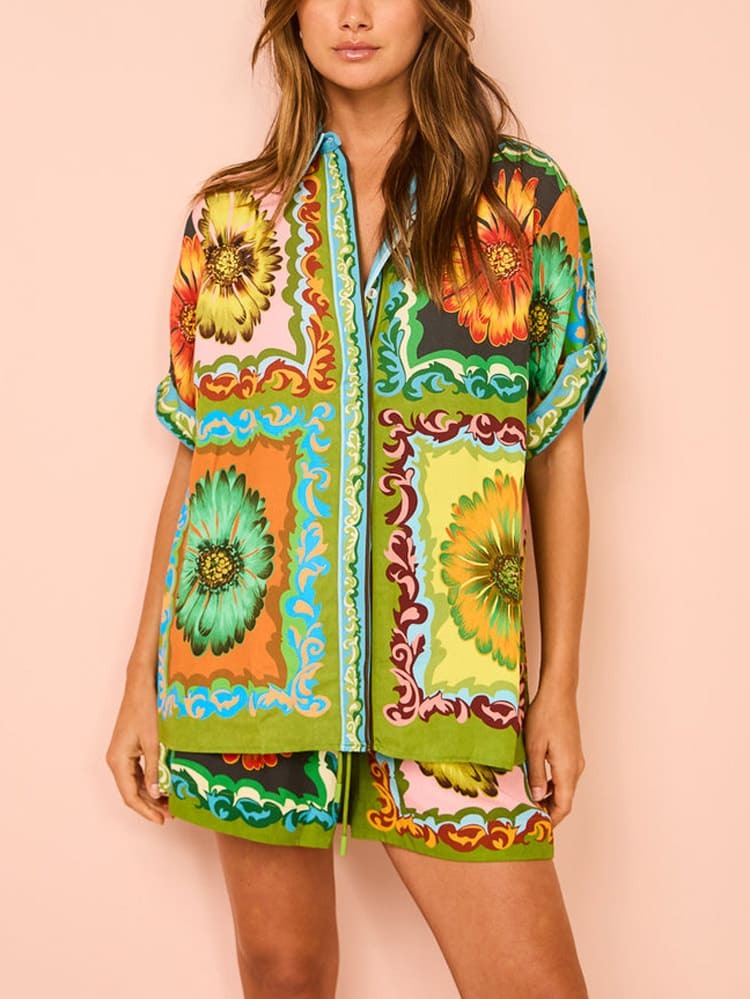 Golden Bloom Resort Shorts Set
