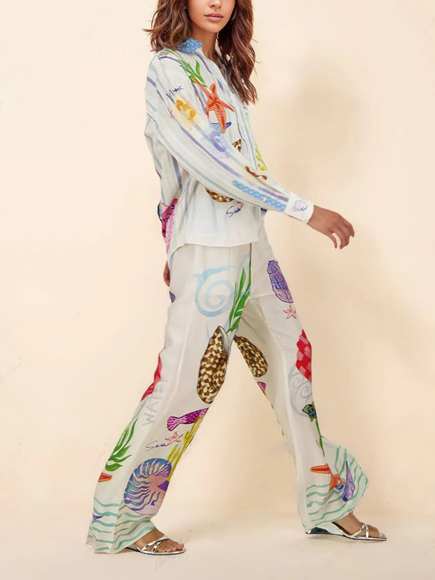 Women’s Coastal Art Wide-Leg Pants Set