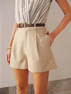 High-Waisted Pleated Linen Blend Shorts